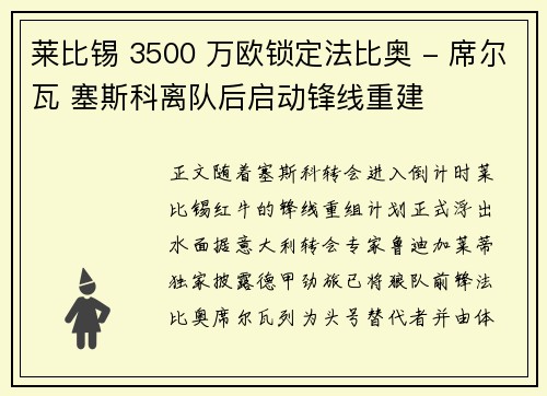 莱比锡 3500 万欧锁定法比奥 - 席尔瓦 塞斯科离队后启动锋线重建